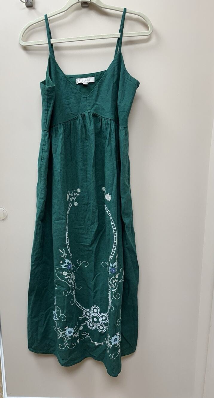 Loft Floral Linen Cotton Strappy Midi Pocket Dress green embroidered sz 6